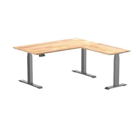Desky Rubberwood L-Shape Sit Stand Desk 150 x 155 cm Natural Timber Top and Space Grey Leg