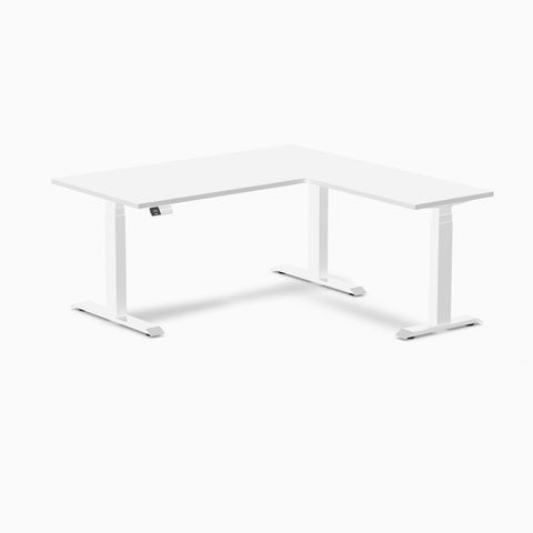 Desky Eco L-Shape Melamine Sit Stand Desk 150 x 155 cm White Top and White Leg
