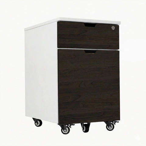 Desky Minimal Wooden Filing Cabinet - White / Burnished Wood Melamine