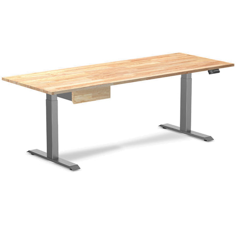 Desky Dual Rubberwood Standing Desk With Drawer 200cm Natural Timber Desktop and Space Grey Frame