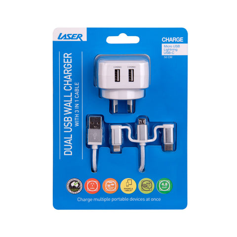 Laser 2.4A Dual USB Charger with 3-in-1 Cable (White)