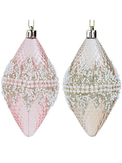 Christmas Warehouse - DECR9174 2x Rose Gold & Pink Lustrous Signature Textured Finial Drops | 12cm Rose Gold & Pink with Pearl, Champagne & White