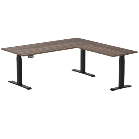 Desky Eco L-Shape Melamine Sit Stand Desk 180 x 175 cm Jarrah Legno Top and Matte Black Leg
