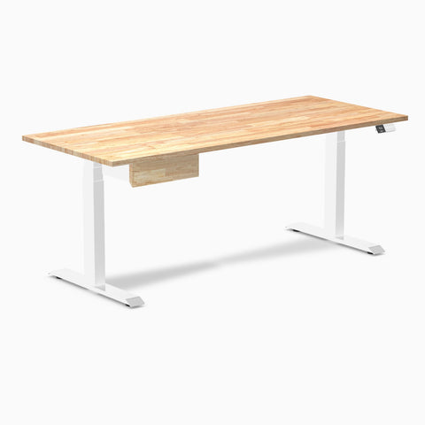 Desky Dual Rubberwood Standing Desk With Drawer 180cm Natural Timber Desktop and White Frame