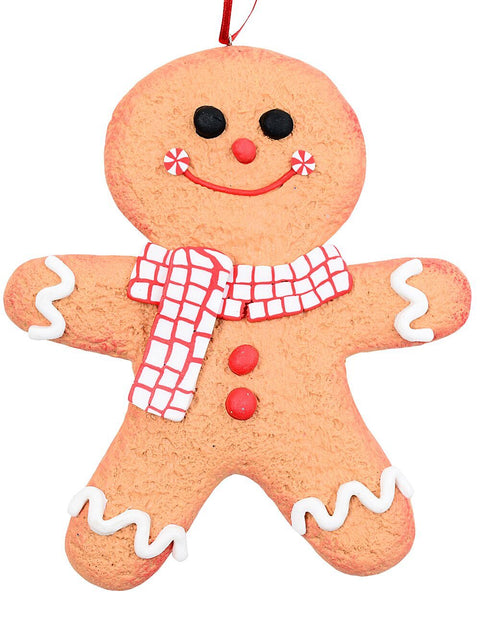 Christmas Warehouse - DECRH046 Gingerbread Man With Check Scarf Whimsical Essential Ornament | 13cm Cookie Brown with Red, White & Black
