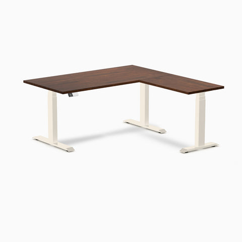 Desky Rubberwood L-Shape Sit Stand Desk 150 x 155 cm Red Walnut Top and Wheat Leg