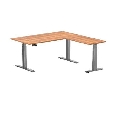 Desky Eco L-Shape Melamine Sit Stand Desk 150 x 155 cm Prime Oak Top and Space Grey Leg