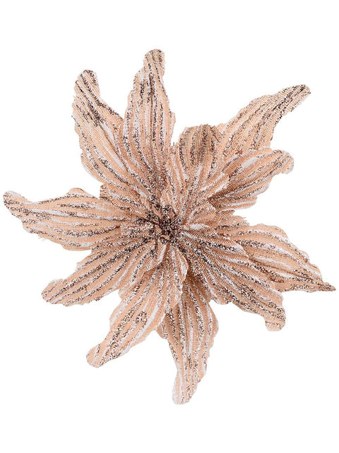 Christmas Warehouse - PICK2530 Rose Gold Textured & Glitter Mesh Poinsettia Christmas Tree Clip Pick | 28cm Rose Gold with White & Silver