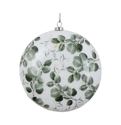 Christmas Warehouse - DECR2612 Eucalyptus Green & Satin White Grand Botanical Decoupage Disc Bauble 12cm