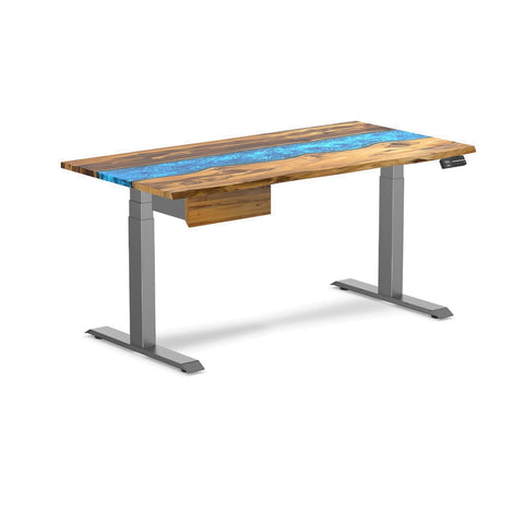 Desky Dual Resin Hardwood Standing Desk With Drawer 150cm Teak Blue River Desktop and Space Grey Frame