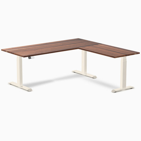 Desky Hardwood L-Shape Sit Stand Desk 150 x 155 cm Walnut / Wheat Top and Wheat Leg