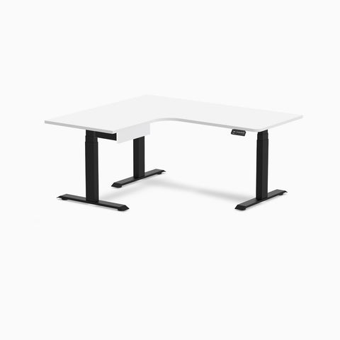 Desky L-Shape Melamine Standing Desk With Drawer 160cm - Left Return White Top and Matte Black Leg