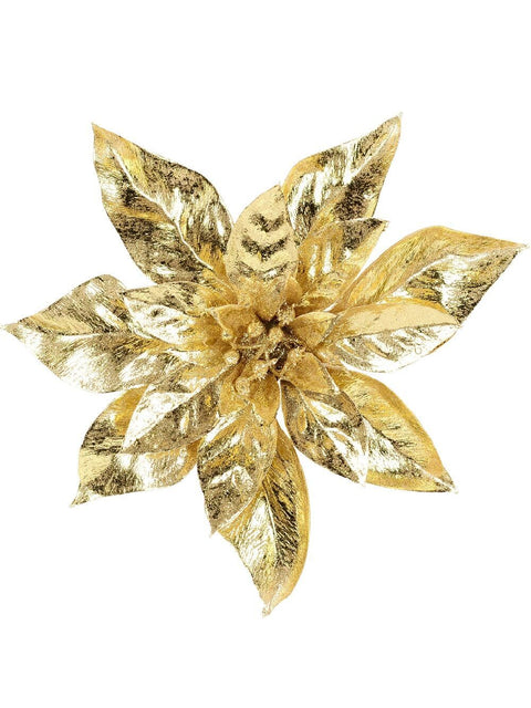Christmas Warehouse - PICK2309 Shiny Gold Moulded PVC Poinsettia Christmas Tree Clip Pick | 22cm Gold