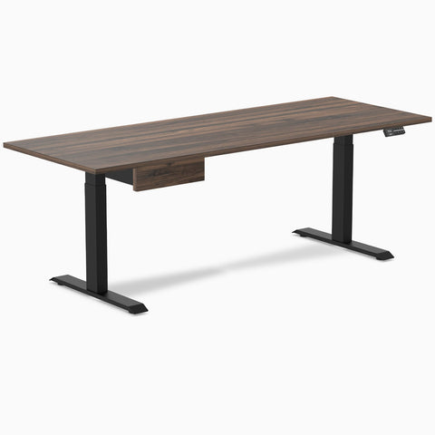 Desky Dual Melamine Standing Desk With Drawer 200cm Jarrah Legno Desktop and Matte Black Frame