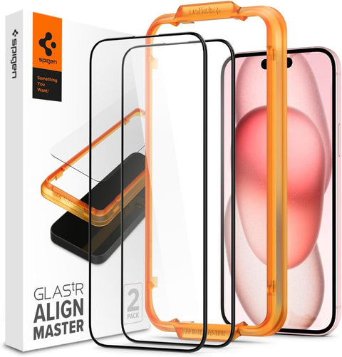 Spigen Apple iPhone 15 Plus AlignMaster GLAS.tR Full Cover 2PCS Glass Screen Protector - Black