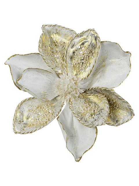 Christmas Warehouse - PICK2504 White With Gold & Faux Pearls Magnolia Christmas Tree Clip Pick | 24cm White with Gold