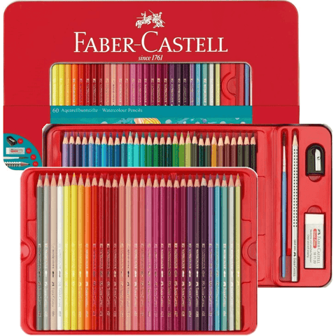Faber-Castell 60 Watercolour Colour Pencils Tin Set Sharpener Eraser Brush