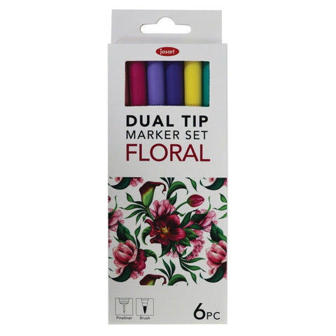 Jasart Dual Nib Brush Fineliner 0.4mm Pen/Marker Set (Floral) [6 pieces]