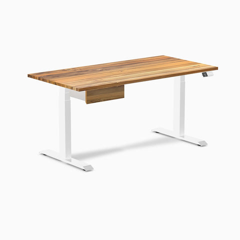 Desky Dual Hardwood Standing Desk With Drawer 150cm Teak Desktop and White Frame