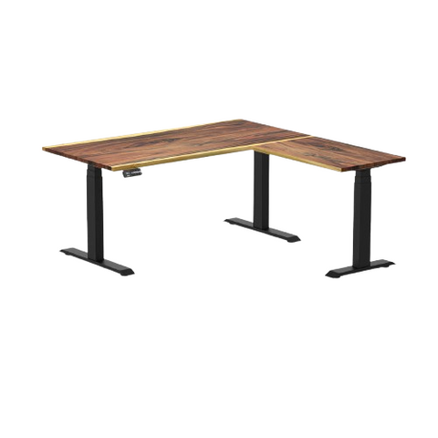 Desky Hardwood L-Shape Sit Stand Desk 150 x 155 cm Saman Top and Matte Black Leg