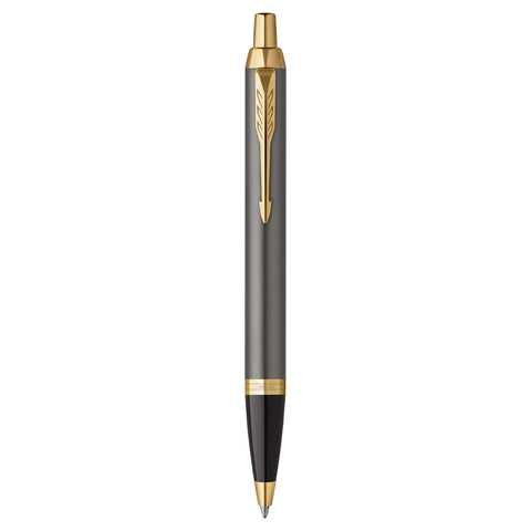 Parker IM Grey Lacquer Ballpoint Pen Medium Tip Gold Finish Trim Gift Box