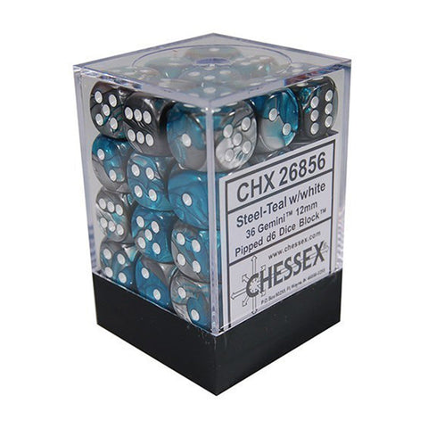 Chessex CHX 26856 Gemini 12mm D6 Steel Teal/White Block (36 Dice)