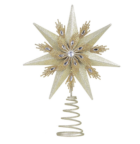 Large Champagne & Gold Glitter Layered Christmas Tree Topper 33cm