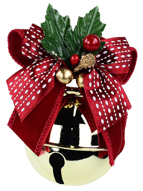 Christmas Warehouse - DECRH032 Shiny Gold & Red Bow Whimsical Statement Tinkling Jingle Bell Bauble | 90mm Gold with Red & Green