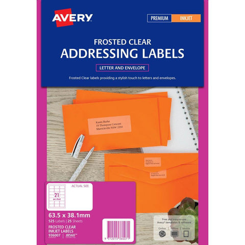 Avery 936007 J8560 Inkjet Label 21up Clear With Matt Finsh Pack 25