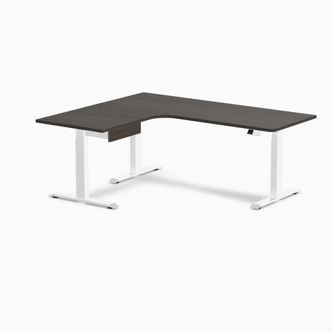 Desky L-Shape Melamine Standing Desk With Drawer 180cm - Left Return Burnished Wood Top and White Leg