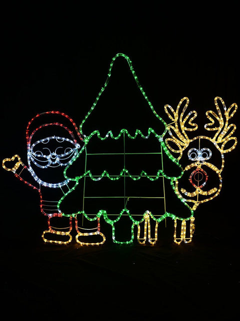 Christmas Warehouse - OUDRS301 1.2m Dynamic Santa Reindeer & Tree Outdoor Christmas LED Light Display Warm & Cool White with Green & Red