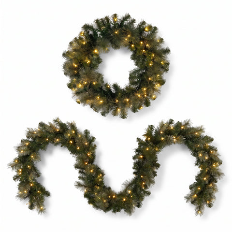 Christabelle Gold Pine Collection Christmas 2pc Set 61cm Wreath and 2.74m Garland with LED Lights Holiday Decor
