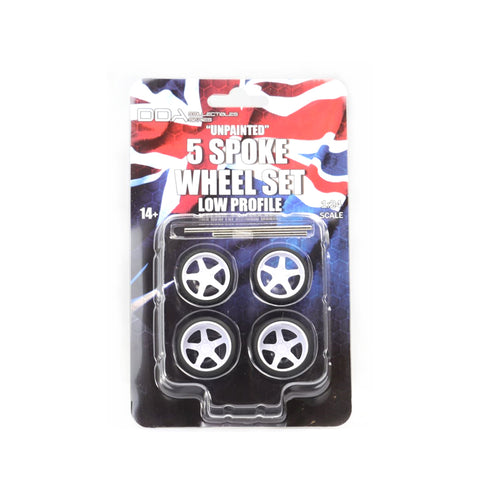 DDA 1:24 Low Profile Unpainted Injected White 5 Spoke Wheels With Tyres & Axles