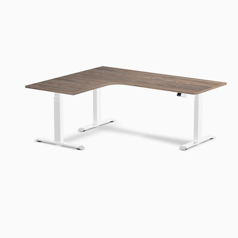 Desky L-Shape Melamine Sit Stand Desk 180cm - Left Return Natural Walnut Top and White Leg
