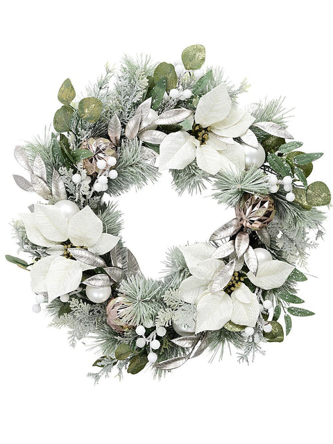 Christmas Warehouse - WRTH2606 58cm Blush Meadow Flocked Wreath | Elegant Poinsettia & Gold Botanicals Green with White, Silver & Pink
