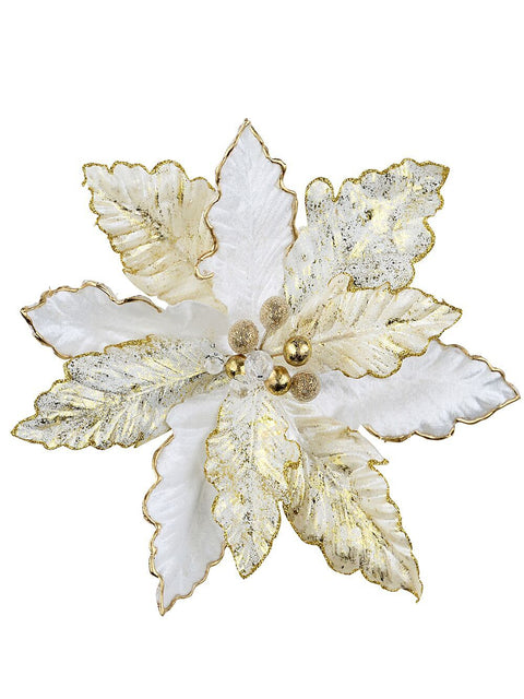 Christmas Warehouse - STEM2519 White Velvet & Splatter Gold Poinsettia Christmas Tree Clip Pick | 28cm White with Gold