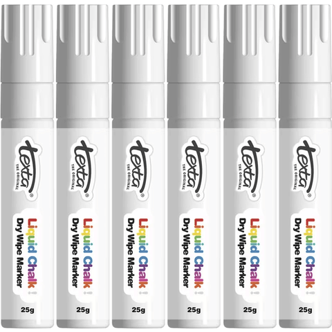 Texta Jumbo Liquid Chalk Markers Dry Wipe Chisel Tip 15mm White 6 Pack
