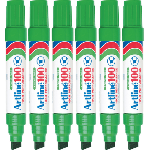 Artline 100 Box 6 Permanent Marker 12mm Chisel Tip Thick Nib (Green)