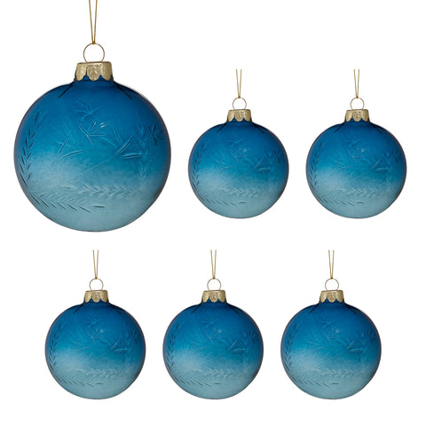 Christabelle Blue Glass Baubles 6Pcs with Etched Leaf Pattern Balls Christmas Tree Decoration Ornament