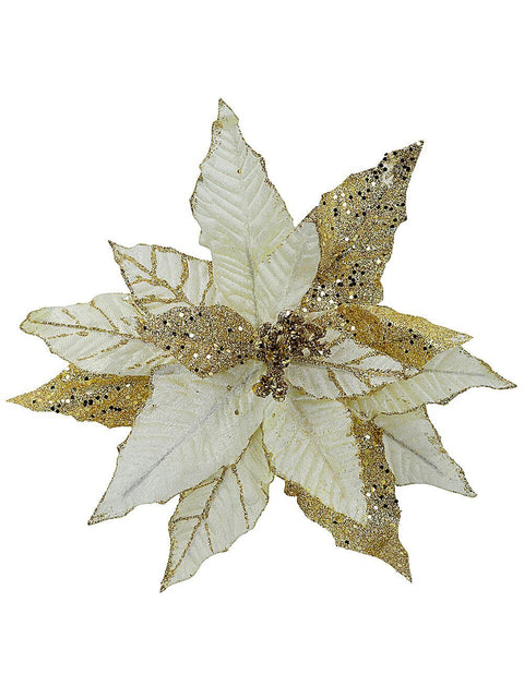 Christmas Warehouse - PICK1918 Gold Poinsettia Christmas Tree Clip Pick With Gold Glitter Detail | 25cm Gold