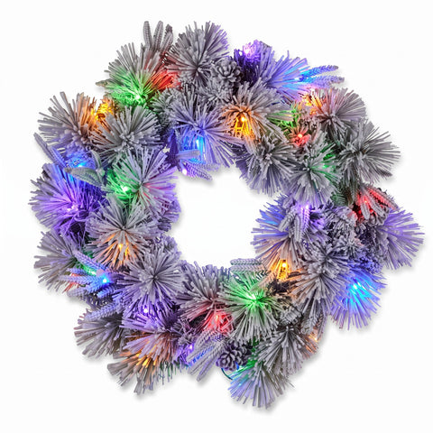 Christabelle 61cm Alpine Snow Christmas Wreath Pre Lit Multi Function LED Timer Pinecone Front Door Xmas Decoration Home