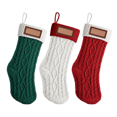 Jingle Jollys 3PCS Personalized Christmas Stockings with Leather Patches 16" Knitted Contrast Colour Xmas Hanging Decor