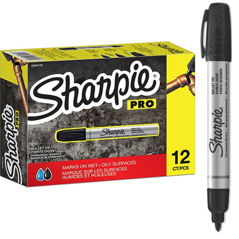 Sharpie Pro Permanent Marker Metal Barrel Bullet 1.5mm Durable Heavy Duty Black Box 12