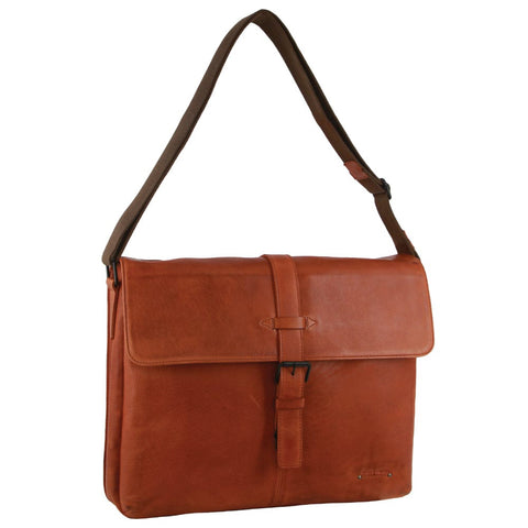 Pierre Cardin Leather Flap Over 15in Computer Shoulder Bag 40x30cm Cognac