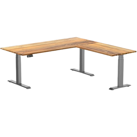 Desky Hardwood L-Shape Sit Stand Desk 180x175cm Teak and Space Grey Leg