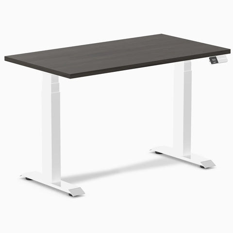 Desky Dual Mini Sit Stand Desk 1100x600 Burnished Wood Desktop and White Frame