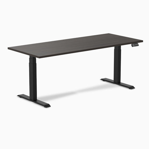 Desky Dual Melamine Sit Stand Desk 180cm Burnished Wood Desktop and Matte Black Frame