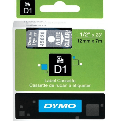 Dymo 45020 D1 Labelling Tape 12mmx7m (White On Clear)