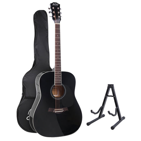 Alpha 41" Acoustic Guitar Wooden Body Steel String Dreadnought Stand Black