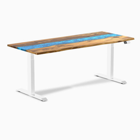 Desky Dual Resin Hardwood Sit Stand Desk 180cm Teak Blue River Desktop and White Frame